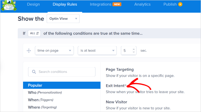 Exit intent display rules