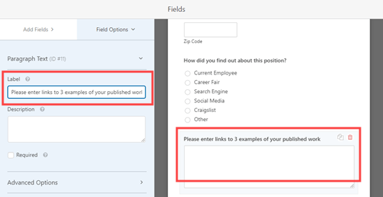 Editing the label for a field in WPForms