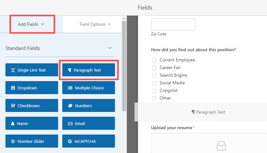 Dragging and dropping a new paragraph field onto the job application form