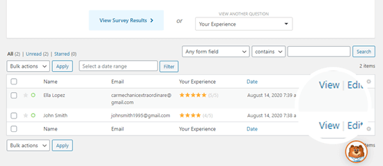 Viewing individual answers to the questionnaire