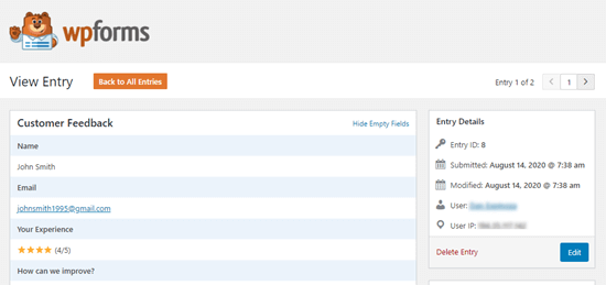 Viewing the details of one submitted survey response