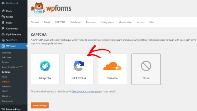 WPForms 中的验证码设置