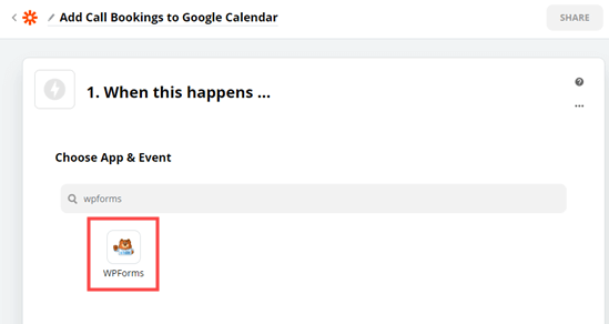 选择 WPForms 作为 Zapier 中的触发应用程序