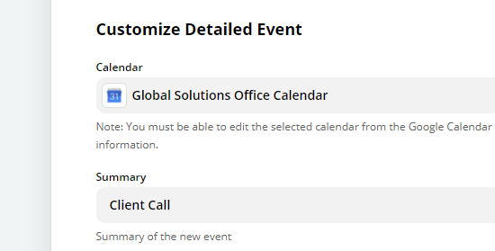 输入 Google 日历活动的摘要，例如“客户通话”