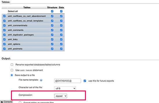 Select export options