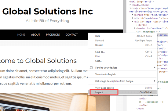 Inspecting the navigation menu element on your website