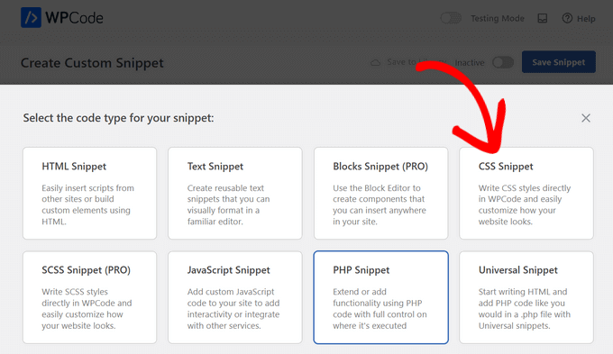 Select CSS Snippet as the code type