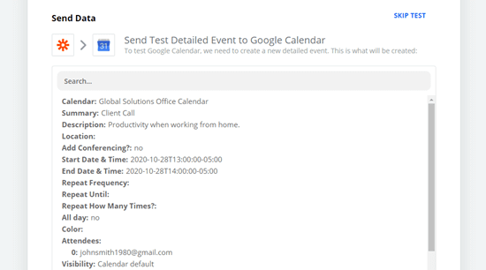 The details of the test event that will be sent to Google Calendar