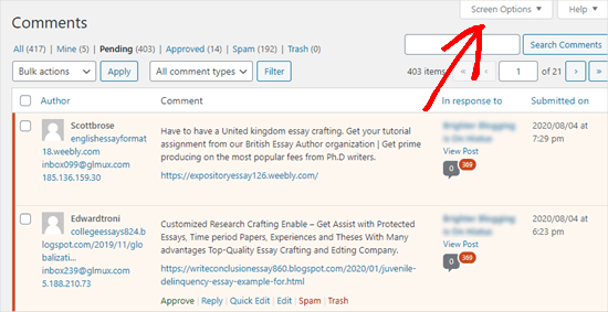 Opening up the screen options tab on the pending comments page