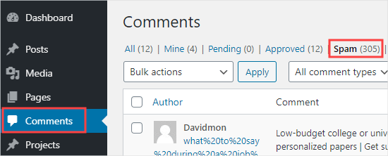 Click on the Spam tab to see a list of comments that have been marked as spam