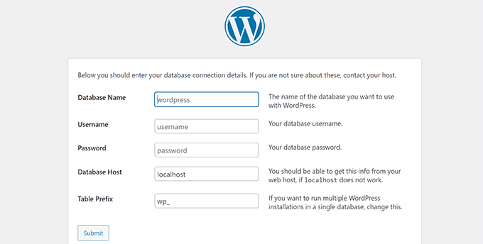 WordPress database details