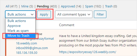 Bulk selecting the pending comments and moving them to the trash