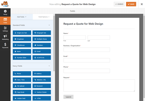 WPForms 表单生成器中的默认请求报价模板