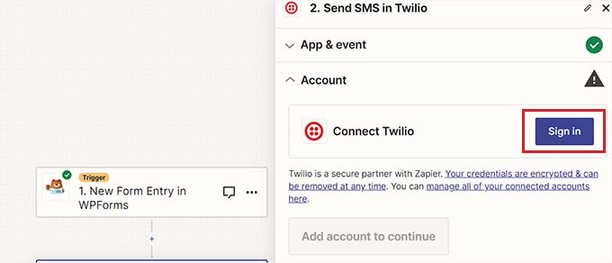 单击 Twilio 旁边的登录按钮