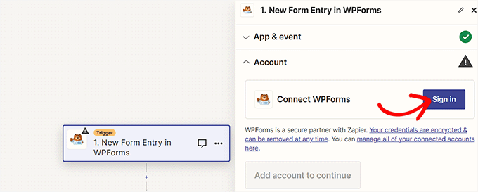 单击 WPForms 选项旁边的登录按钮