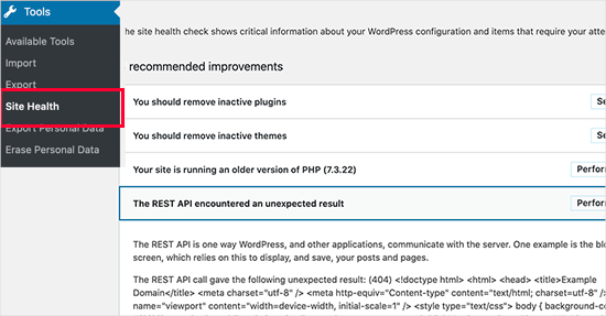 REST API error in WordPress Site Health