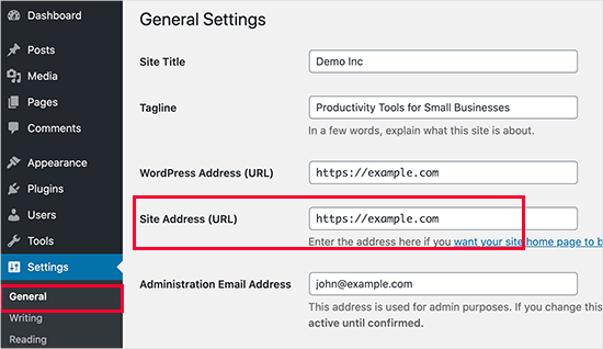 WordPress site URL setting