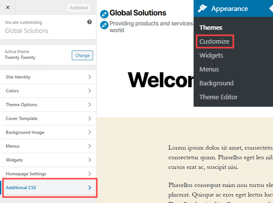 Opening the theme customizer to add custom CSS