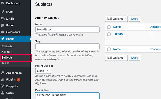 Adding a term for your newly created custom taxonomy