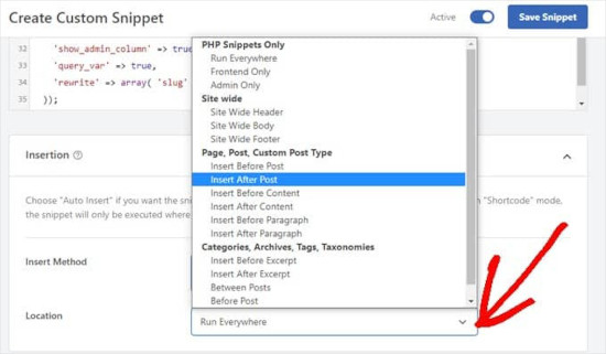 WPCode Insertion box