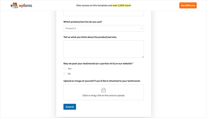 WPForms testimonial form template