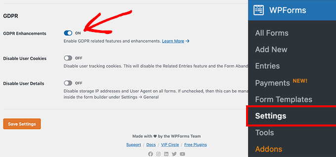تمكين إعدادات القانون العام لحماية البيانات (GDPR) في WPForms