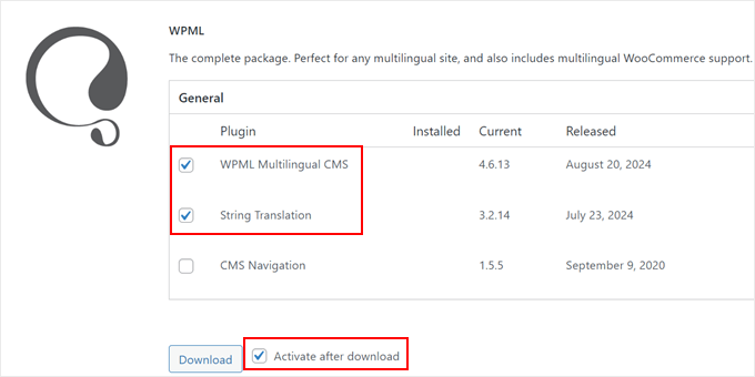 Downloading the WPML plugins for automatic translation