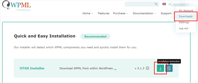 Downloading the OTGS Installer plugin for WPML