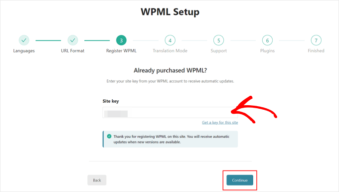 Entering the WPML site key