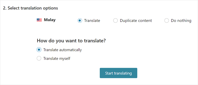 Choosing whether to translate the content automatically or manually with the WPML plugin