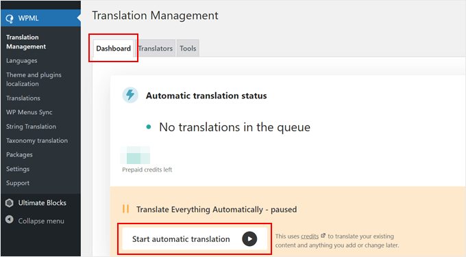 Starting the automatic translation process for the entire website with the WPML plugin