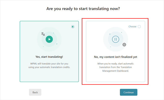 Choosing whether to start translating with the WPML plugin