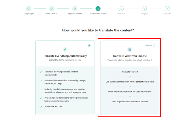 Choosing a translation mode in the WPML plugin