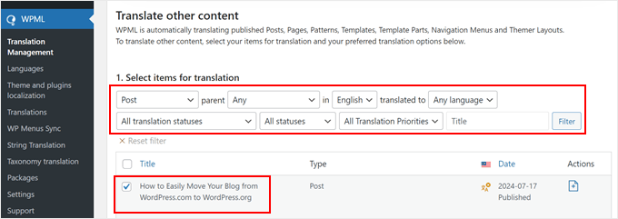 Choosing specific types of content to translate with the WPML plugin