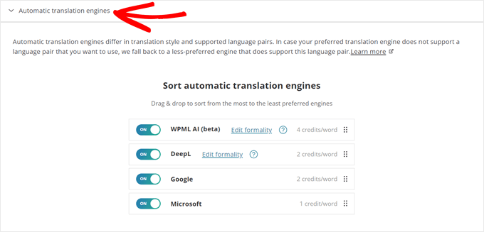 Configuring WPML's automatic translation engines