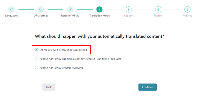 Choosing how to review the translated content in the WPML plugin