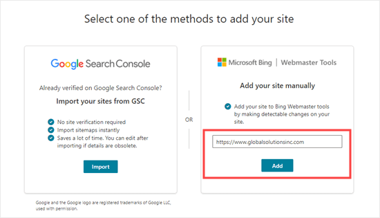 Adicionar o seu site manualmente ao Bing Webmaster Tools