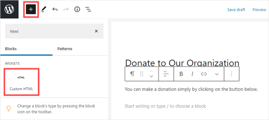 Adding an HTML block in the WordPress block editor