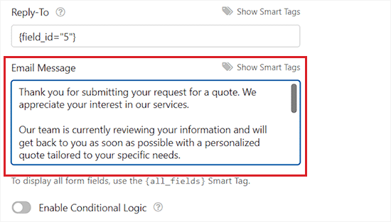 Draft a confirmation message for Request a Quote form