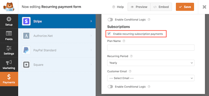 Enabling WPForms subscriptions