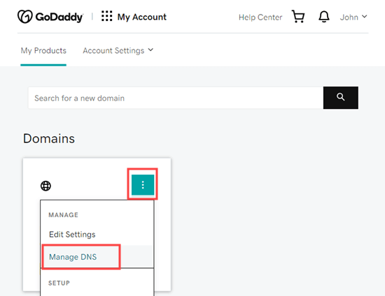 Selecting the 'Manage DNS' option for your  domain