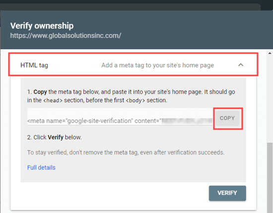 Copying the HTML meta tag from Google Search Console