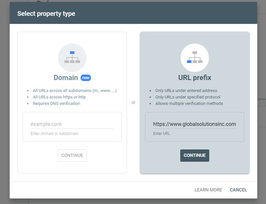 Utilizando o método de prefixo URL para adicionar o seu site à Consola de Pesquisa do Google