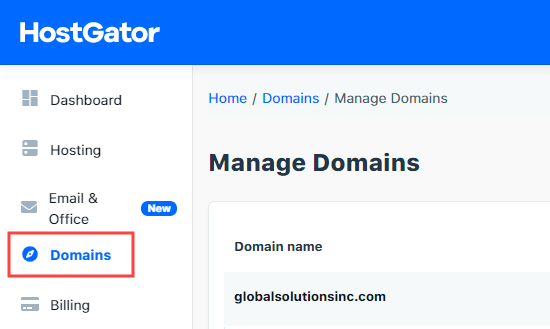 HostGator 帐户中的“域”选项卡