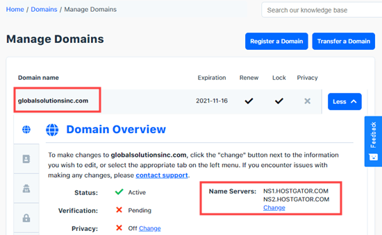 查看您的 HostGator 域名的详细信息