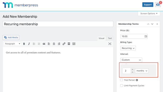 Setting the recurring billing interval in WordPress