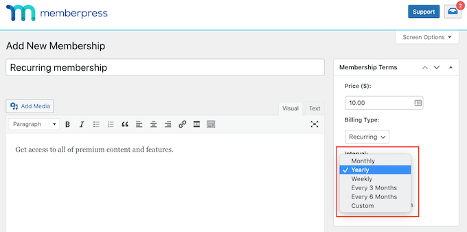 Setting your recurring payment interval in WordPress