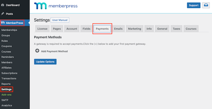 MemberPress' payment settings