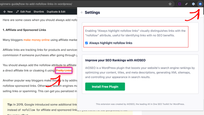 The AIOSEO Chrome Extension Can Automatically Highlight Nofollow Links