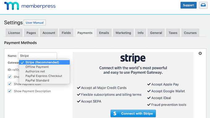 将 Stripe 支付网关添加到 MemberPress